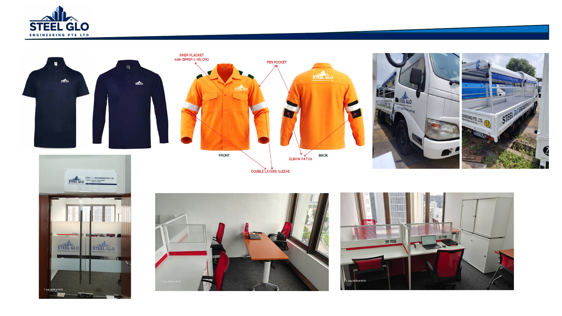 STEELGLO company uniforms, work vehicle and office